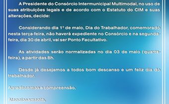 Comunicado – Feriado dia do Trabalho.