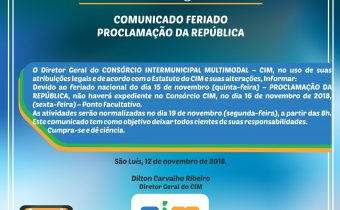 COMUNICADO DE FERIADO PROCLAMAÇÃO DA REPÚBLICA